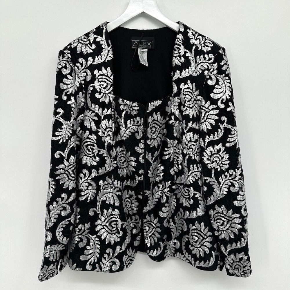 Alex Evenings Jacket Top Size XL Stretch‎ Silver Sequins Statement Vintage Glam